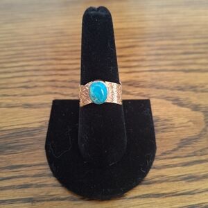 Ring Copper Cigar Band With Turquoise Natural Stone Size 7.5